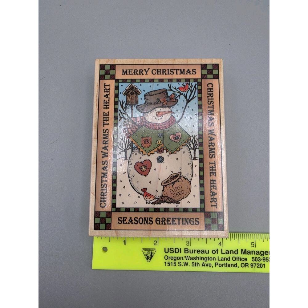 HERO ARTS rubber stamp Christmas Season's Greetings Snowman Birds Primitive - Picture 6 of 7